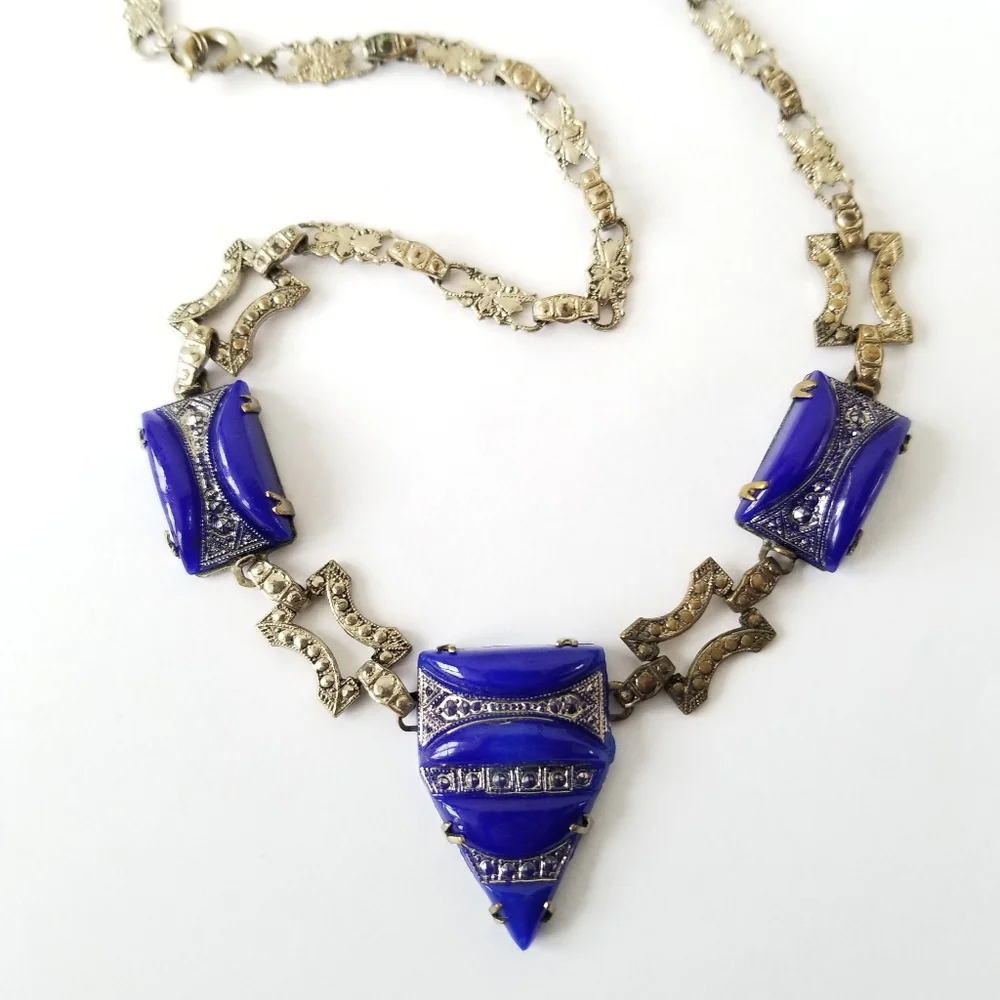 Relisted-Vintage Art Deco necklace blue glass silver tone choker - Picture 11 of 17